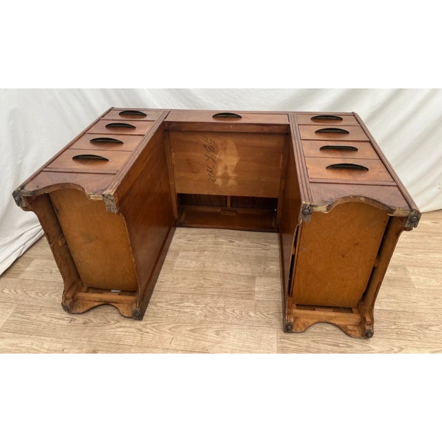 1930s Art Deco Desk Waterfall Top Seven Dovetail Brass Drawers Walnut Finished Back For Sale - Image 18 of 18