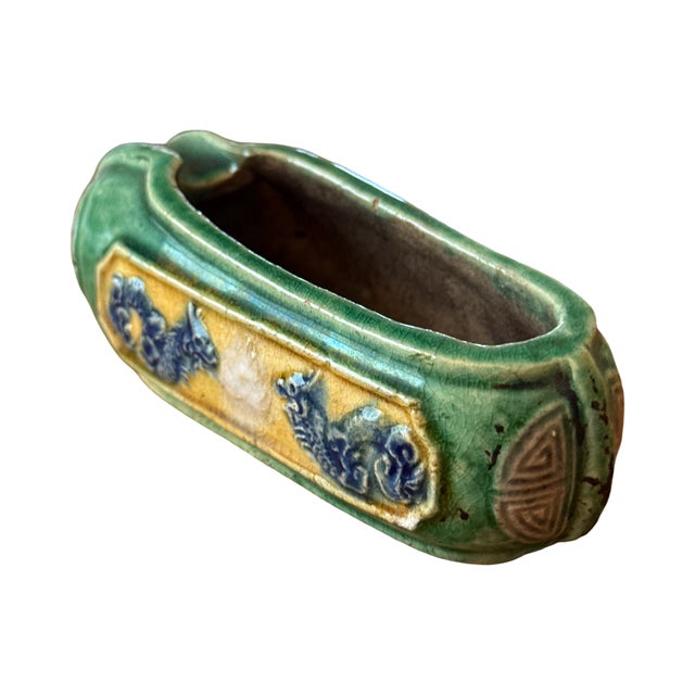 Antique Asian Pottery Scholar's Object, Green Crackle Glaze With Blue Dragon Relief For Sale - Image 4 of 7