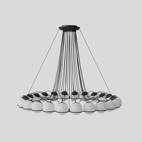 Model 2109 Design by Gino Sarfatti The Le Sfere chandelier is composed of a circular array of blown opaline glass spheres....