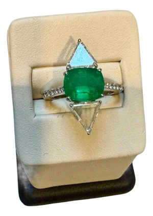 3.8 Ct Finest Zambian Cushion Cut Emerald & 1.5Ct Diamond Ring, 18 Kt Gold , 7.5