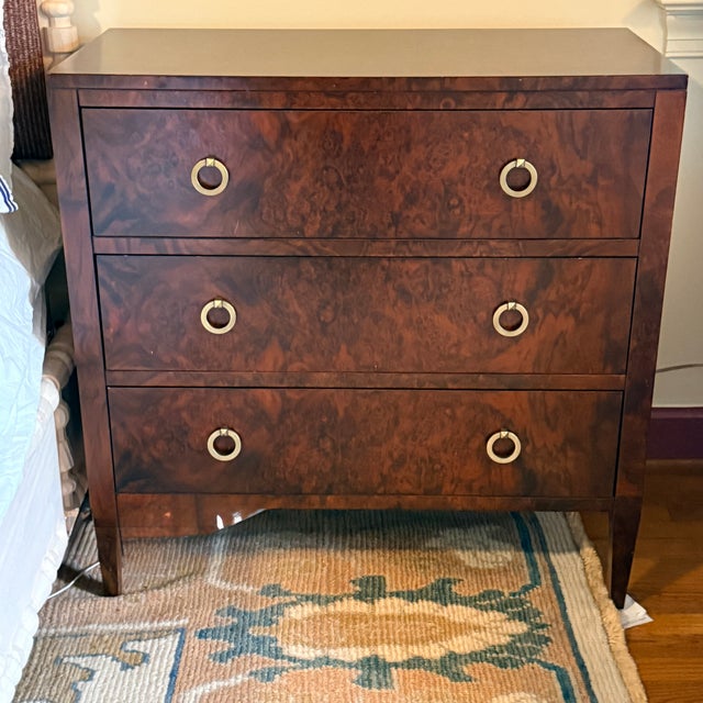 Modern History Three Drawer Burl Chest—two available A handsome chest with three drawers and antique brass hardware pulls....
