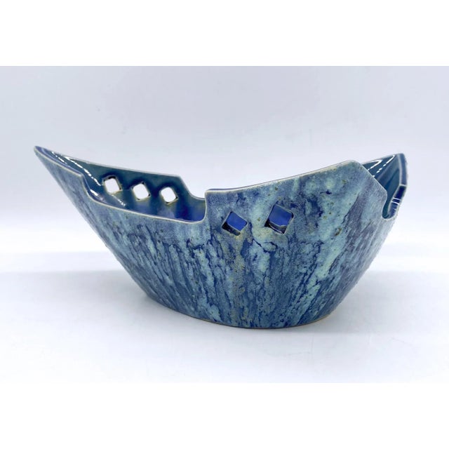 Mid-Century Modern Mid Century Modern Blue Drip Glaze Triangle Catchall Bowl/ Planter For Sale - Image 3 of 12
