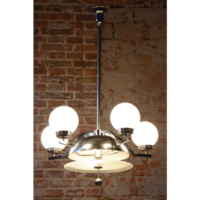 Silver Bauhaus Chandelier in Chrome-Plated Steel and Opaline Glass, Czech, 1930s For Sale - Image 8 of 11