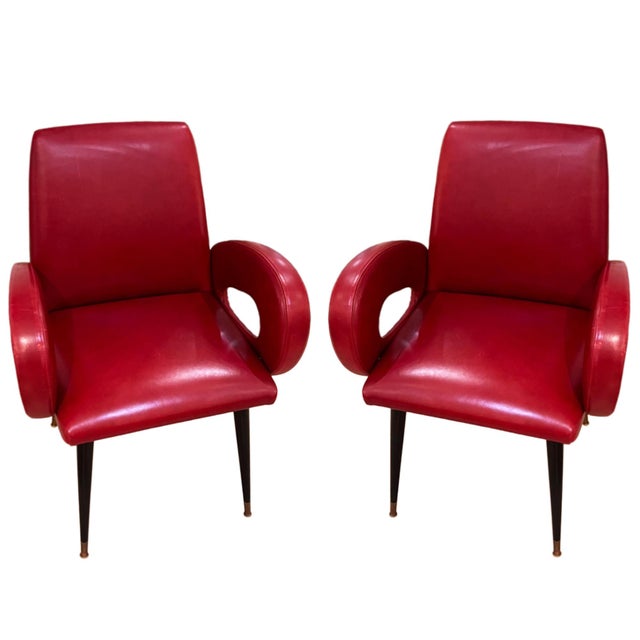 Italian Red Leather Armchairs, 1950s, Set of 2 For Sale - Image 6 of 6