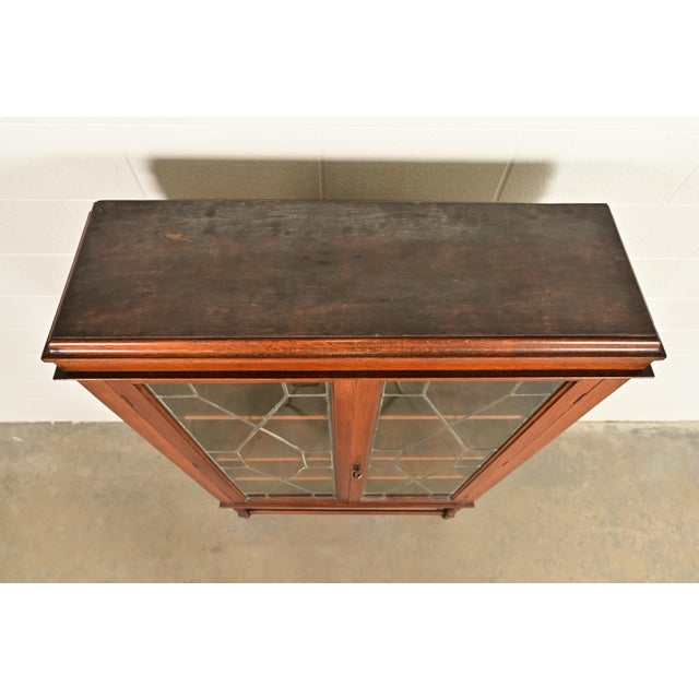 Stickley Brothers Style Antique Arts & Crafts Carved Oak Bookcase Cabinet With Leaded Glass Doors, Circa 1900 For Sale - Image 11 of 14
