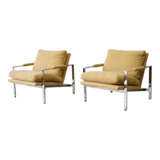 1970s Pair of Milo Baughman for Thayer Coggin Chrome Flat Bar Lounge Chairs For Sale