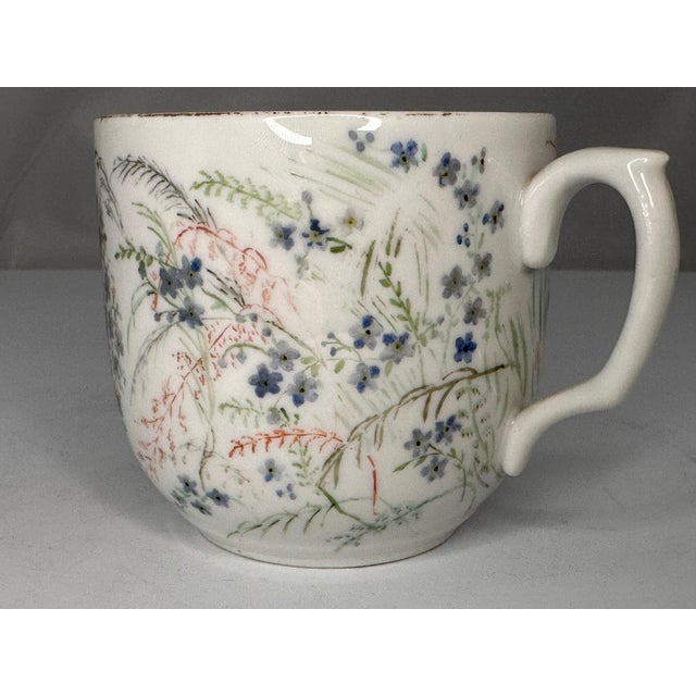 French Antique Hand Painted Forget Me Not Doves Cup and Saucer c. 1900 For Sale - Image 3 of 9