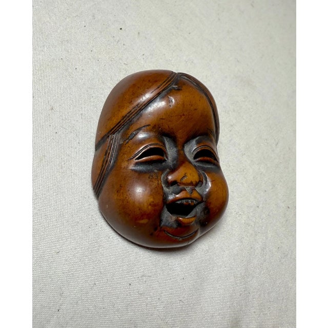 Japanese Antique Japanese Hand Carved Boxwood Netsuke Okame Noh Mask Mennetsuke Sculpture For Sale - Image 3 of 10