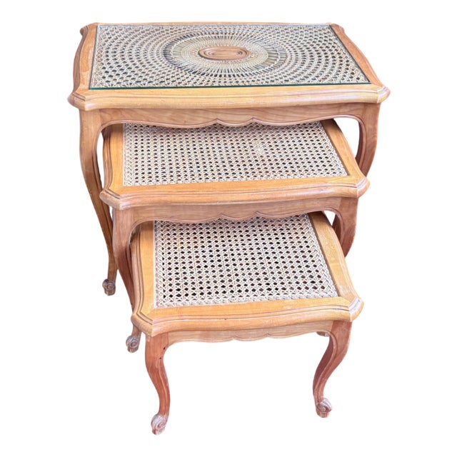 Vintage Nesting Tables in Wood and Caning Under Glass, Set of 3 For Sale