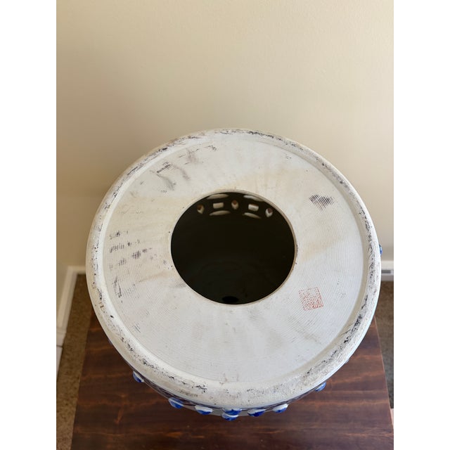 Late 20th Century Chinoiserie Blue and White Porcelain Garden Stool or Side Table on Wooden Stand For Sale - Image 12 of 12