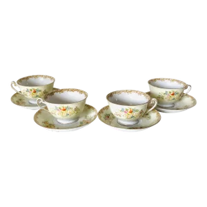 Vintage National China Floral Design Tea Cups & Saucers Set- 8 Pieces