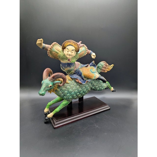 Asian Antique Chinese Polychrome Glazed Imperial Tile: Warrior/Deity Riding a Ram For Sale - Image 3 of 8