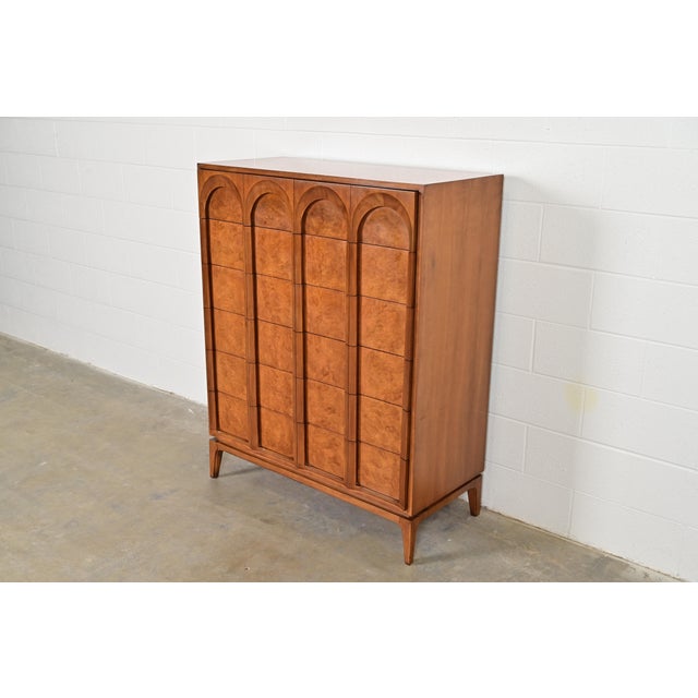 Mid-Century Modern T. H. Robsjohn-Gibbings Style Cherry and Burl Wood Highboy Dresser by Thomasville, 1960s For Sale - Image 3 of 12