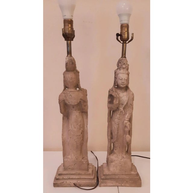Goddess Asian Kwan Yin Buddhist Lamps Pair For Sale - Image 4 of 13