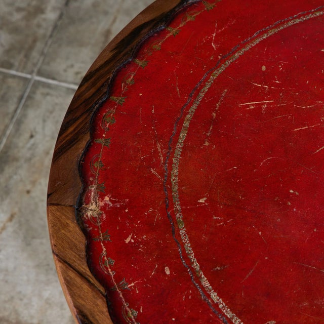 Round Red Leather-Top Occasional Table For Sale - Image 10 of 15