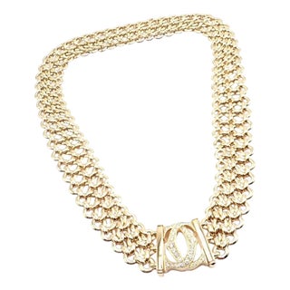 1990s Cartier Penelope Diamond Double C Three Row Yellow Gold Necklace For Sale