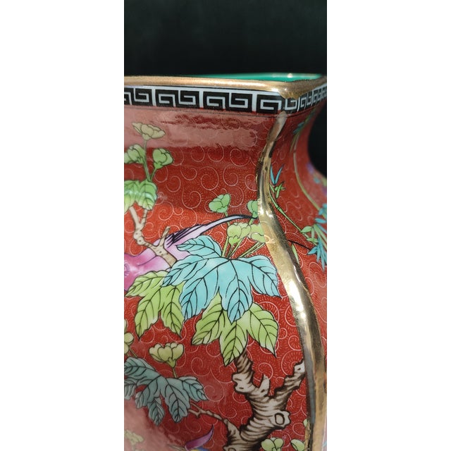 20thC Chinese Ceramic Vase Qing Dynasty Qianlong Marked Red Ground Famille Rose Porcelain Square Vase Hand Painted Flowers and Birds Pattern For Sale In Seattle - Image 6 of 10