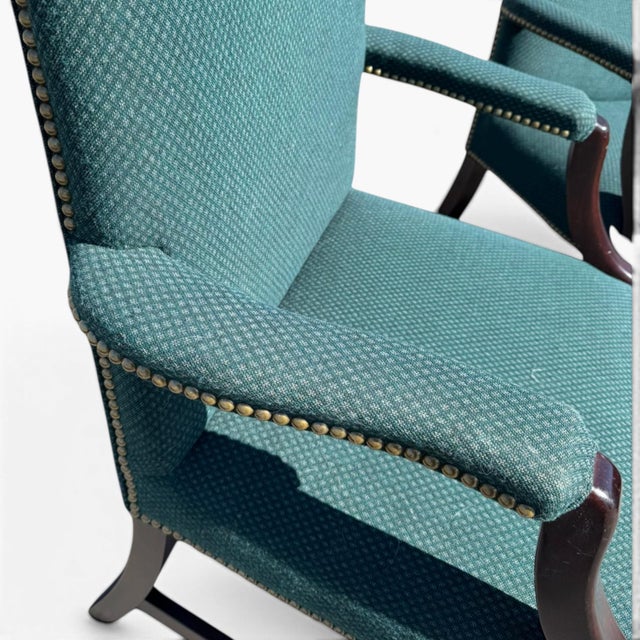 Vintage Chippendale Mahogany Lolling Chairs – Pair Upholstered Armchairs – Stow & Davis For Sale - Image 9 of 10