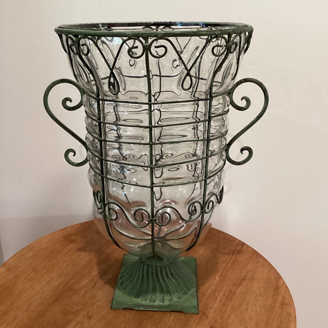 Large Hand Blown Caged Glass Footed Vase Wrought Iron Frame Scroll Handles For Sale - Image 10 of 12