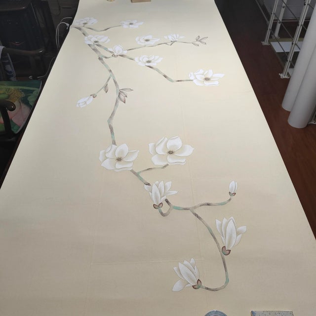 21st Century Magnolia Hand Painted Artwork on Tea Paper Wallpaper Panel - 3 Panels For Sale - Image 4 of 4