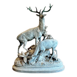 Max Arthur Waagen, Stag and Doe Sculpture, 1800s, Bronze, Metal and Zinc For Sale