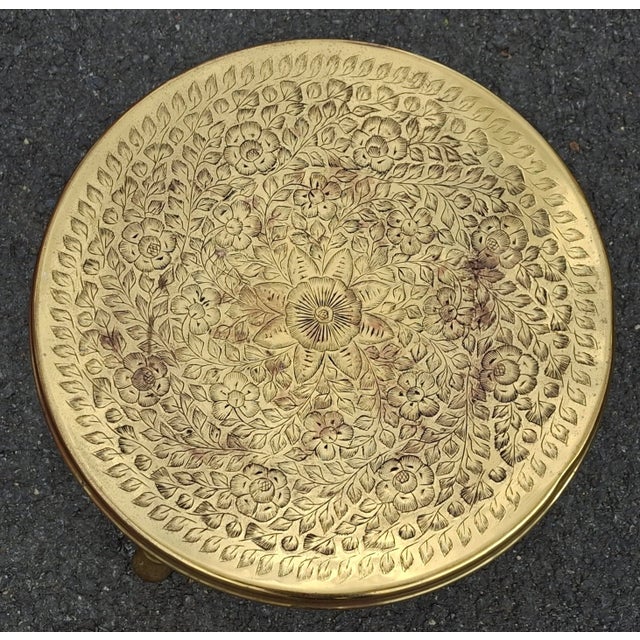 Vintage Middle Eastern Etched, Polished and Pierced Brass Foot Warmer / Footstool For Sale - Image 4 of 7