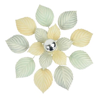 Vintage Pastel Flush Mount or Wall Sconce Leafs Green Peach Light Blue | Mid Century Hollywood Regency Ceiling Lamp Toleware Retro 1980s For Sale