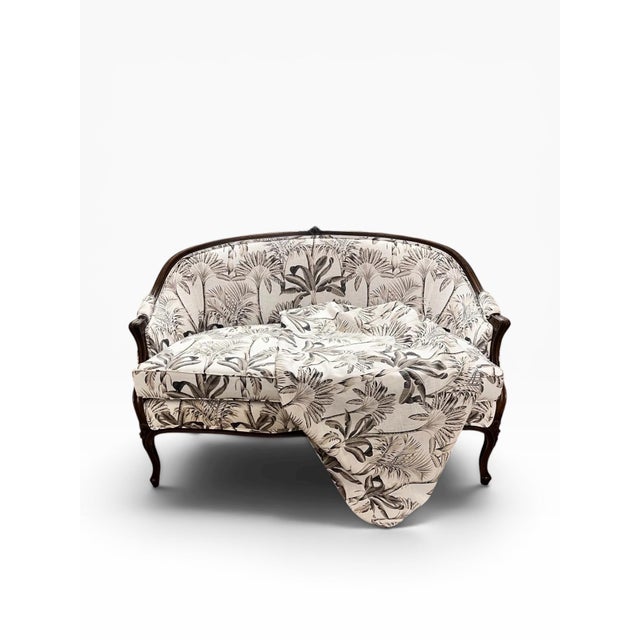 French Louis XV Style Carved Walnut Settee Newly Upholstered in Tropical Botanical Cotton For Sale In Boston - Image 6 of 12