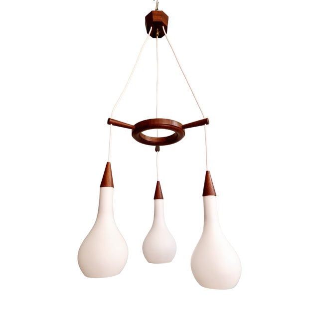 Scandinavian Chandelier in Teak and White Satin Glass, 1960s For Sale