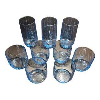Vintage Anchor Hocking Misty Blue Optic Swirl Glasses Set 9 pcs For Sale