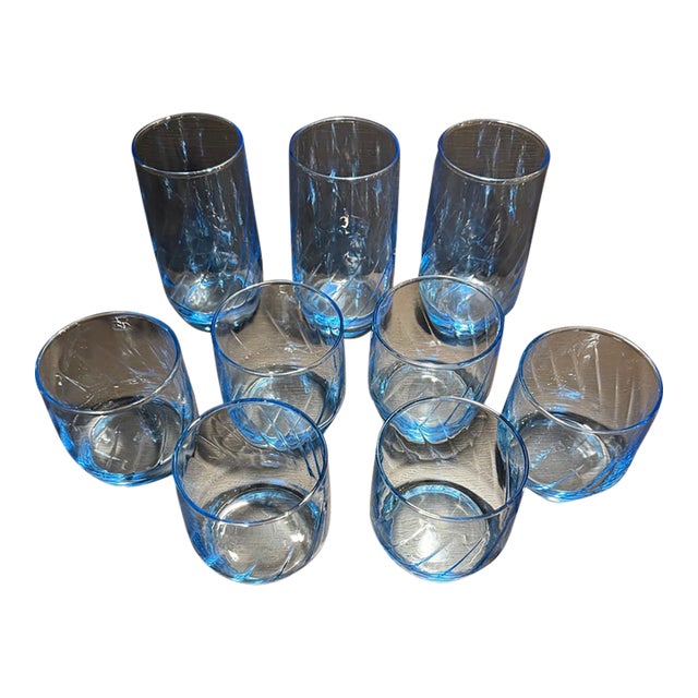 Vintage Anchor Hocking Misty Blue Optic Swirl Glasses Set 9 pcs For Sale