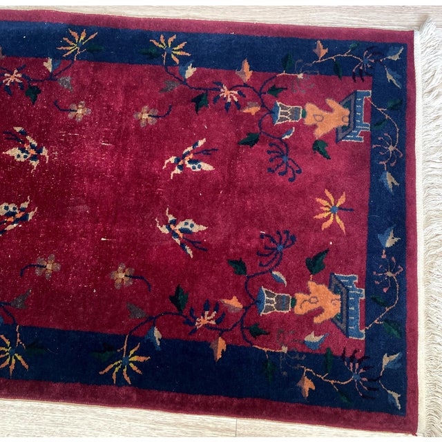 Antique Art Deco Chinese Wool Rug, Butterflies & Crimson Field, C. 1920s — 2'11" × 4'10" For Sale - Image 10 of 10