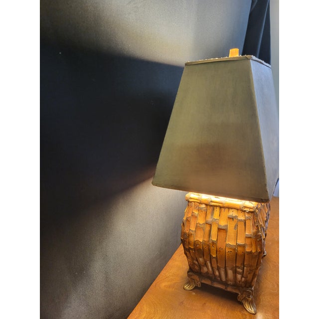 Vintage Burnt Bamboo Chinoiserie Table Lamp With Rectangular Shade For Sale - Image 4 of 8