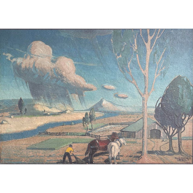 Signed and dated 1930, this Modernist Panoramic landscape/skyscape by Carl Jensen depicts a man working his field with...