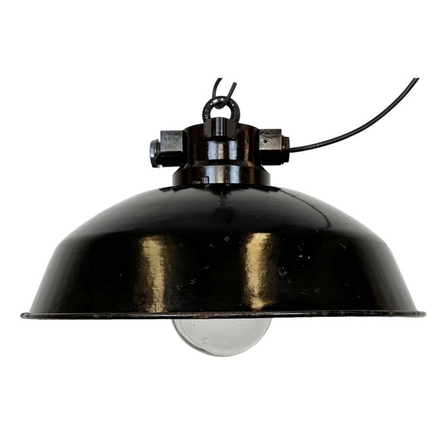 Industrial Black Enamel Factory Pendant Lamp, 1950s For Sale