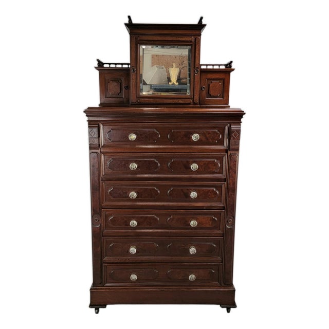 Kimbel & Cabus Gothic Revival Walnut Tall Chest With Mirror 84" For Sale