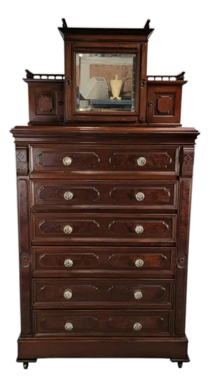 Kimbel & Cabus Gothic Revival Walnut Tall Chest With Mirror 84"