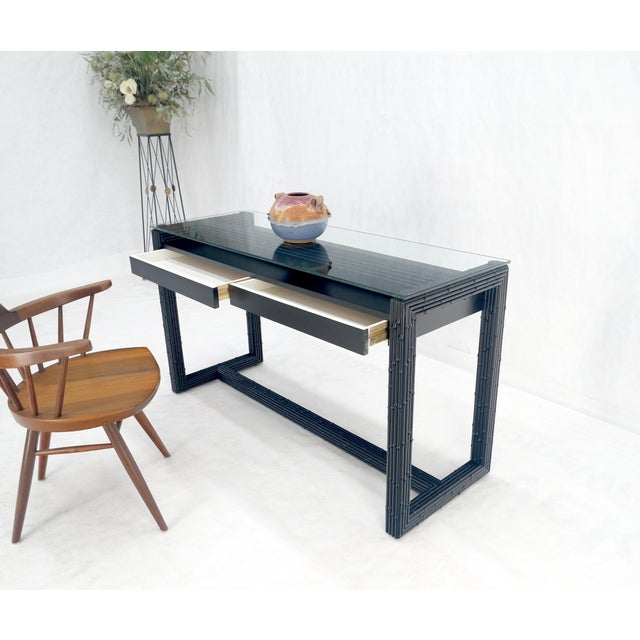 1970s Ebonized Faux Bamboo Reed Two Door Glass Top Console Sofa Table For Sale - Image 5 of 12
