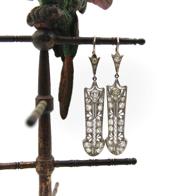 Metal 1900-1909 Edwardian 18k White Gold Old Mine Cut Diamond Filigree Earrings, Pair For Sale - Image 7 of 10