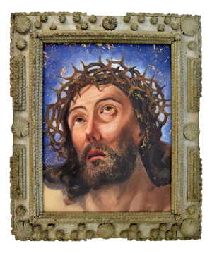 1950s Painting of Jesus in Tramp Art Frame