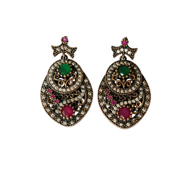 Vintage Natural Ruby, Emerald and Diamond Earrings- 925 Sterling Silver For Sale - Image 4 of 10