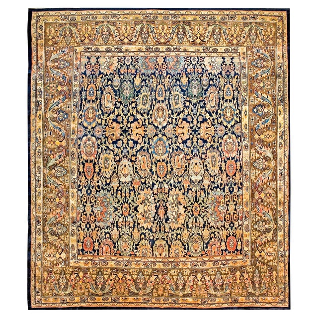 1880s Blue Navy Floral Traditional Antique Persian Bibikabad Rug 12'4'' X 14'2'' Hand Knotted Wool Carpet For Sale - Image 15 of 18