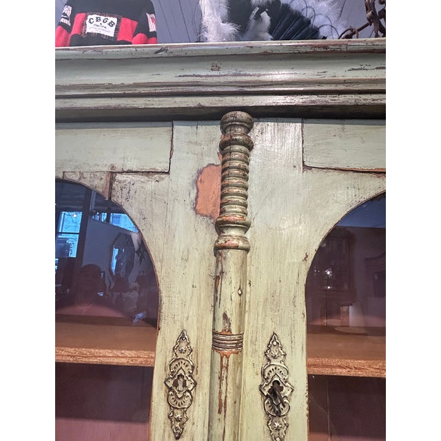 Antique Country Celadon Green Painted Distressed Stepback Cupboard Cabinet For Sale - Image 10 of 18