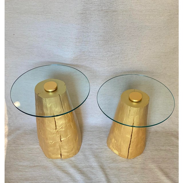 1980s Modern Gilded Tree Trunk Glass Top Tables - a Pair For Sale - Image 4 of 9