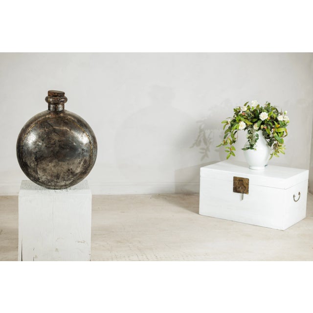 Mid 20th Century Vintage Indian Metal Water Vessel with Circular Body and Wooden Cork Top For Sale - Image 5 of 12