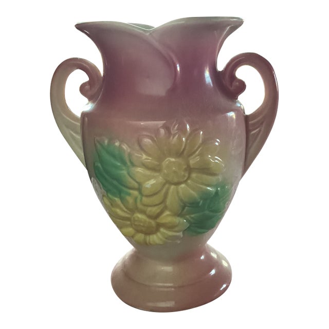 Mid Century Usa Pottery Vase With Raised Yellow Florals Mold 76-10 For Sale