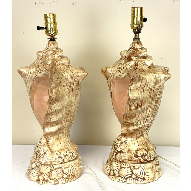 Ceramic Vintage Ceramic Conch Shell Table Lamps C1986- A Pair For Sale - Image 7 of 18