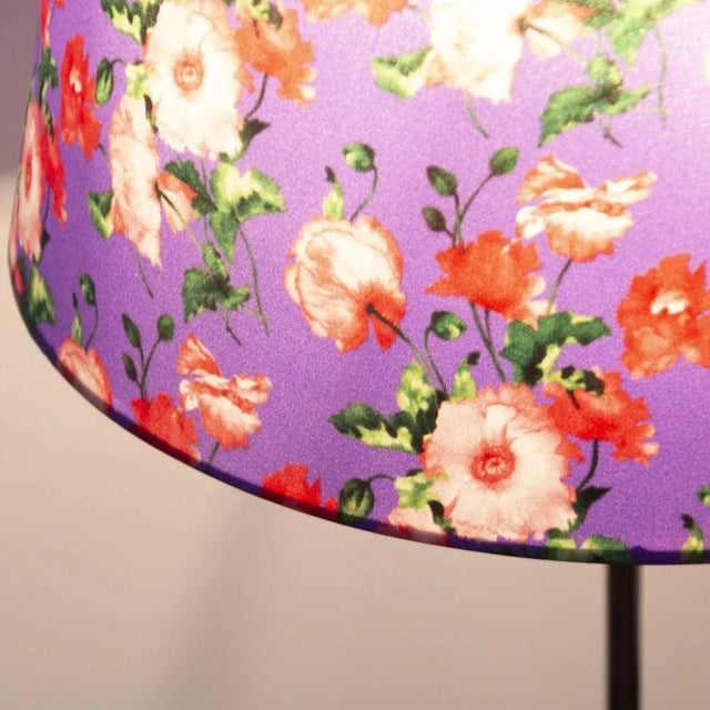 Metal Vintage Chrome Floor Lamp with Handmade Purple Floral Decorated Shade, Italy For Sale - Image 7 of 13