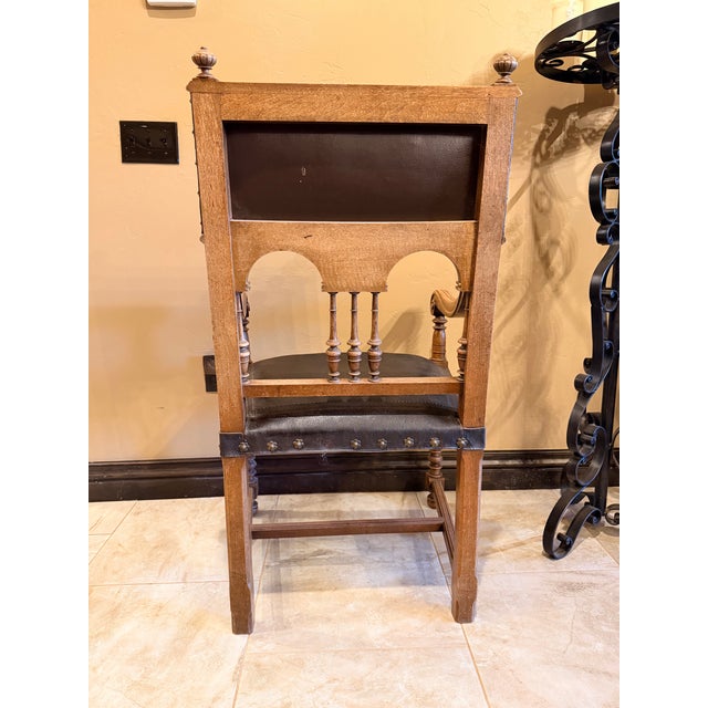 Vintage Renaissance Revival Carved Wood and Embossed Leather Armchairs – A Pair For Sale - Image 10 of 11