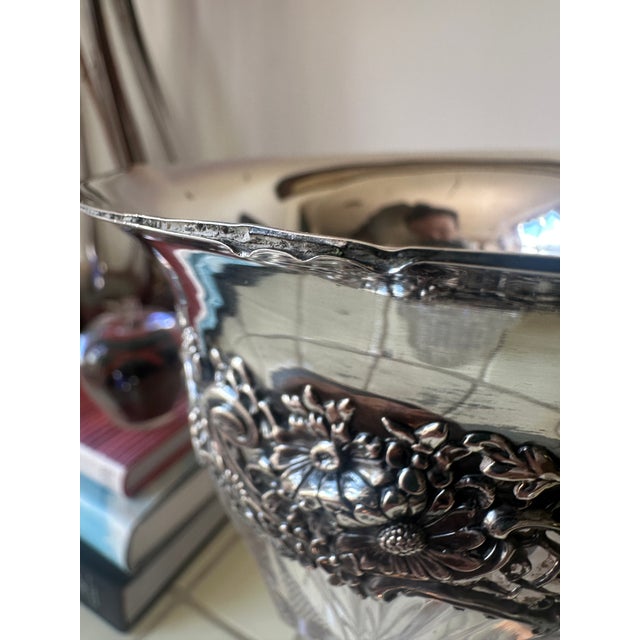 Silver American Brilliant Cut Crystal Vase With Sterling Silver Neck Collar in Ornate Repousse Floral Design For Sale - Image 8 of 11